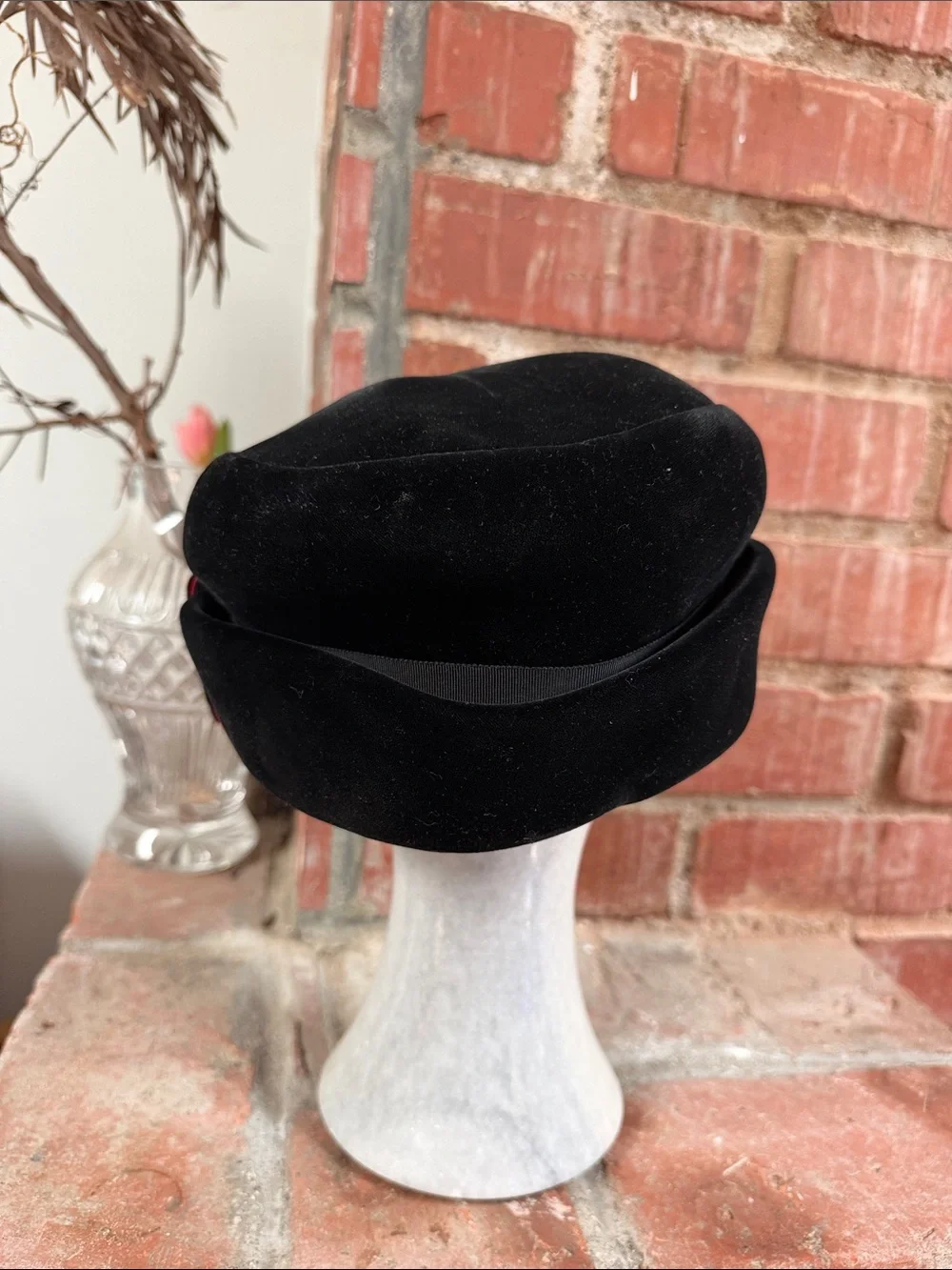 Vintage Black Velvet Pillbox Hat with Red-Trim Ribbon